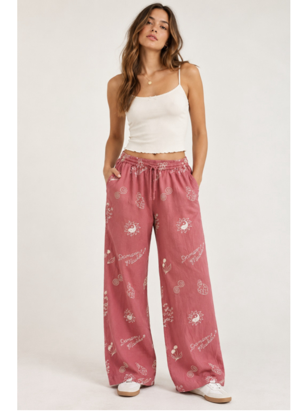 Damson Madder Pants Size 10 Pink Embroidered Wide Leg Drawstring Trousers